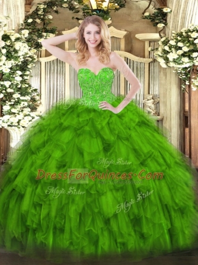 Custom Made Green Organza Lace Up Sweetheart Sleeveless Floor Length Quinceanera Gowns Beading and Ruffles