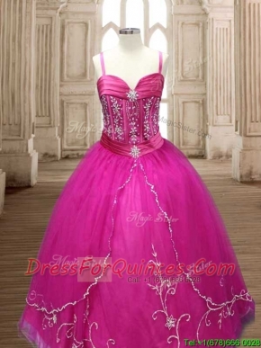 Exquisite Spaghetti Straps Beaded and Applique Quinceanera Dress in Hot Pink