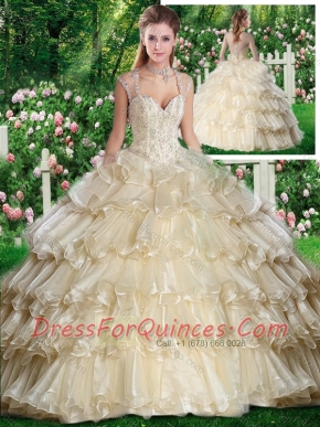 New Styles  Straps Champange Sweet 16 Dresses with Beading and Ruffled Layers