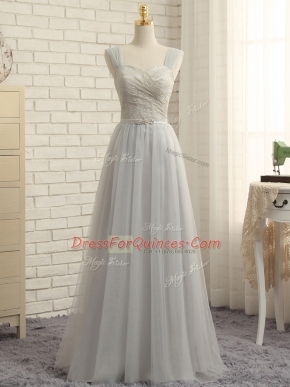 Sweep Train Empire Quinceanera Court Dresses Grey Straps Tulle Sleeveless Floor Length Zipper