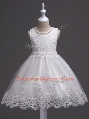 Eye-catching White Tulle Zipper Scoop Sleeveless Knee Length Little Girl Pageant Gowns Lace