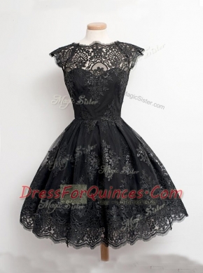 Top Selling Scoop Black Cap Sleeves Lace Zipper Prom Gown for Prom and Party