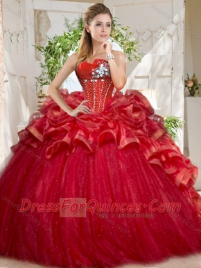 Discount Tulle Beaded and Ruffled Quinceanera Dress in Red
