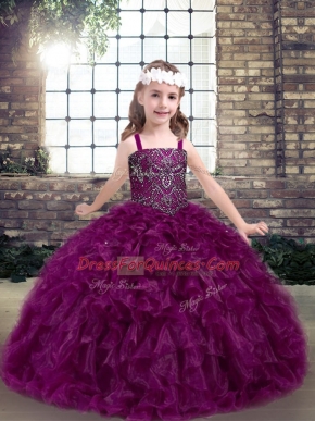 Floor Length Fuchsia Pageant Dress for Teens Straps Sleeveless Lace Up