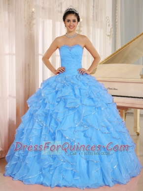 Custom Made Blue Ruffles and Beaded Aqua Quinceanera Dress For Beautiful Grils