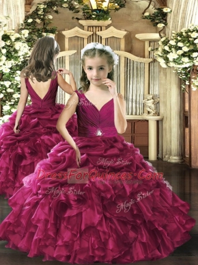 Fuchsia Sleeveless Floor Length Beading and Ruffles and Pick Ups Backless Kids Formal Wear