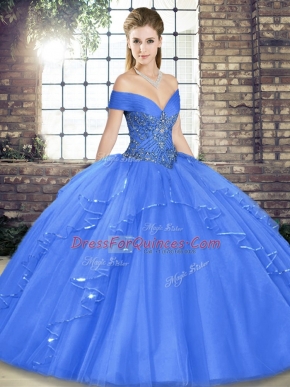 Blue Quince Ball Gowns Military Ball and Sweet 16 and Quinceanera with Beading and Ruffles Off The Shoulder Sleeveless Lace Up