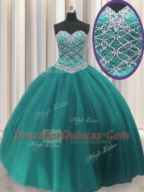 Sophisticated Teal Tulle Lace Up Sweetheart Sleeveless Floor Length Quinceanera Gown Beading and Sequins