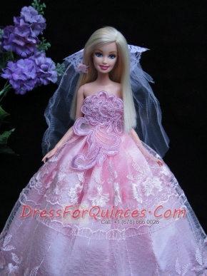 Romantic Baby Pink Strapless Lace Fashion Wedding Dress for Noble Barbie