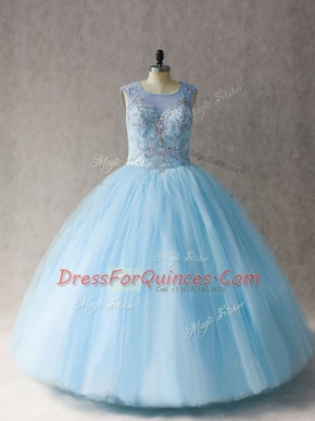 Modest Light Blue Scoop Lace Up Beading Ball Gown Prom Dress Sleeveless