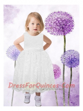2014 Popular White Tea-length Scoop Flower Girl Dress with Lace