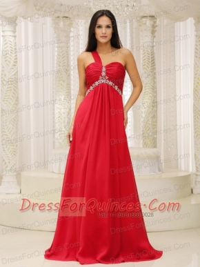 Prom Dress One Shouder Red and Natural Waist Ruched Appliques Chiffon