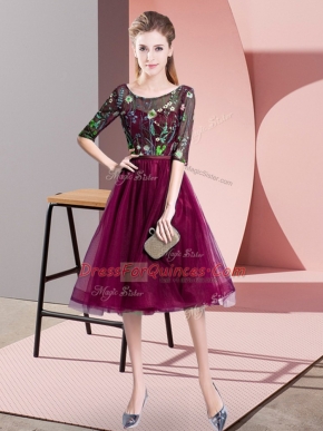 Hot Sale Fuchsia Half Sleeves Tulle Lace Up Dama Dress for Quinceanera for Wedding Party