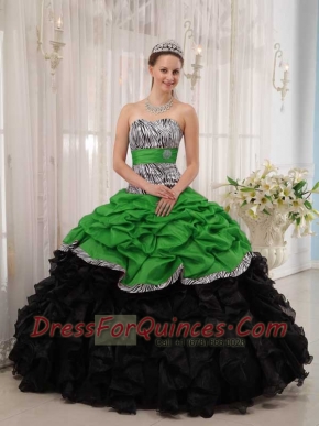 Brand New Ball Gown Sweetheart Zebra Taffeta snd Organza Ball Gown Dress with Pick Ups in Green and Black