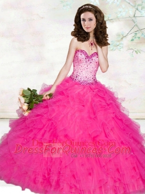 2014 New Style Sweetheart Beading and Ruffles Hot Pink Quinceanera Dresses