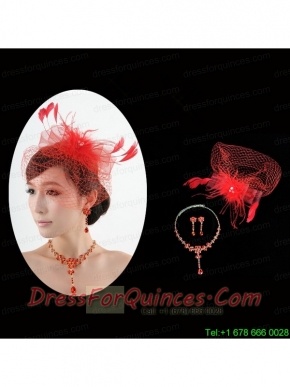 Red Crystal Wedding Jewelry Set With Necklace and Feather Headpiece