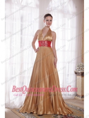Popular Empire Halter Brush Train Elastic Woven Satin Rhinestones Prom Dress