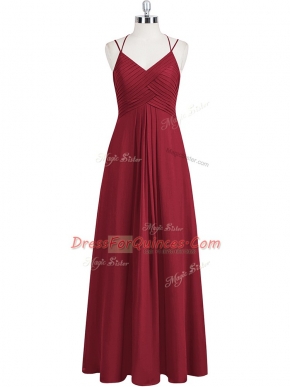 Eye-catching Floor Length Wine Red Prom Dresses Chiffon Sleeveless Ruching