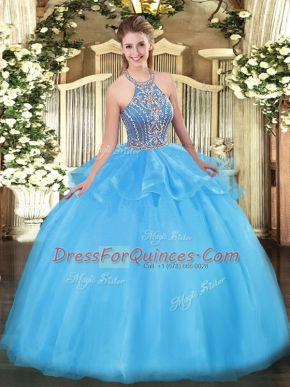 Aqua Blue Sleeveless Tulle Lace Up Sweet 16 Dress for Military Ball and Sweet 16 and Quinceanera
