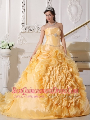 Gold Taffeta Beading Strapless Ball Gown with Chapel Train Quinceanera Dress