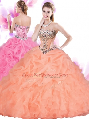 Glittering Orange Red Lace Up Sweetheart Beading and Ruffles 15 Quinceanera Dress Tulle Sleeveless
