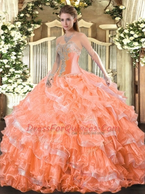 New Style Floor Length Orange Red Ball Gown Prom Dress Sweetheart Sleeveless Lace Up