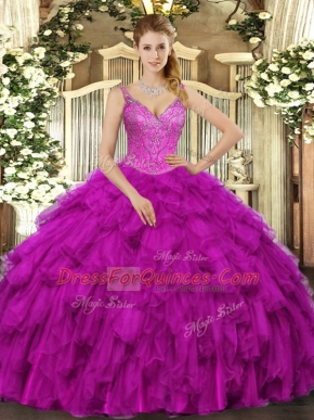 Fuchsia Lace Up Vestidos de Quinceanera Beading and Ruffles Sleeveless Floor Length