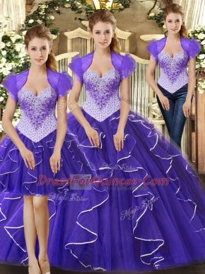 Purple Straps Neckline Beading and Ruffles Sweet 16 Dress Sleeveless Lace Up