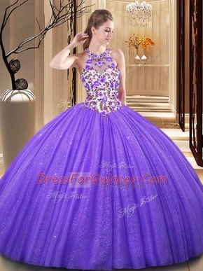 Scoop Sequins Lavender Sleeveless Tulle Backless Sweet 16 Dresses for Military Ball and Sweet 16 and Quinceanera