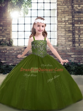 Olive Green Ball Gowns Tulle Straps Sleeveless Beading Floor Length Lace Up Little Girls Pageant Gowns