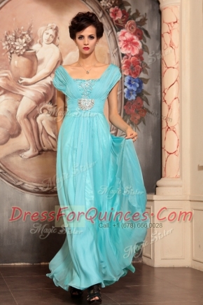 Off the Shoulder Floor Length Aqua Blue Prom Gown Chiffon Cap Sleeves Beading
