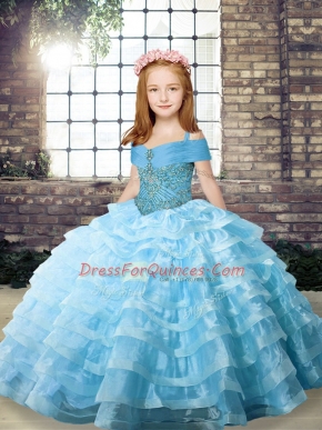 Organza Sleeveless Little Girl Pageant Gowns Brush Train and Beading and Ruffled Layers