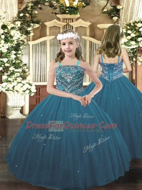 Teal Sleeveless Beading Floor Length Little Girls Pageant Gowns