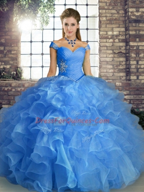 Hot Selling Beading and Ruffles Quinceanera Gown Blue Lace Up Sleeveless Floor Length