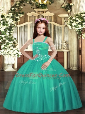 Fancy Floor Length Turquoise Girls Pageant Dresses Straps Sleeveless Lace Up