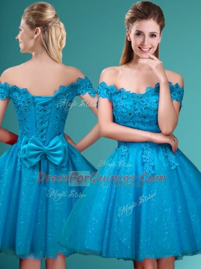 Fashion Aqua Blue A-line Tulle Off The Shoulder Cap Sleeves Lace and Belt Knee Length Lace Up Quinceanera Court Dresses