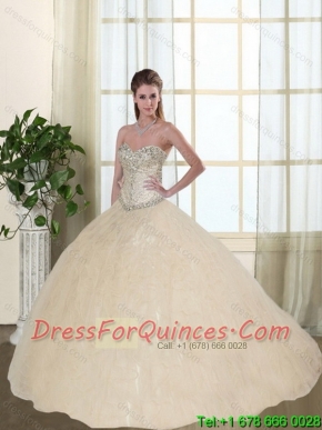2015 Sweetheart Beaded and Ruffled  Quinceanera Dresses in Champagne