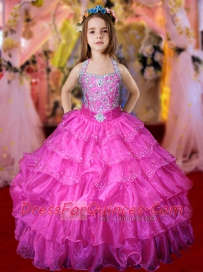 Beautiful Hot Pink Halter Beading 2014 Little Gril Pageant Dress