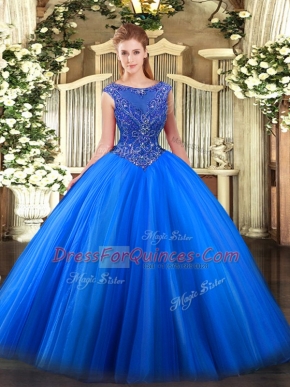 Exquisite Royal Blue Ball Gowns Tulle Scoop Sleeveless Beading and Appliques Floor Length Zipper 15th Birthday Dress