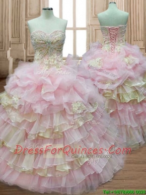 Discount Applique and Ruffled Layers Quinceanera Dress in Baby Pink and Yellow