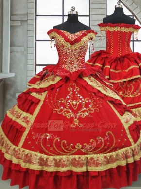 Dynamic Red Quinceanera Dress Military Ball and Sweet 16 and Quinceanera with Beading and Embroidery and Ruffled Layers Off The Shoulder Cap Sleeves Zipper