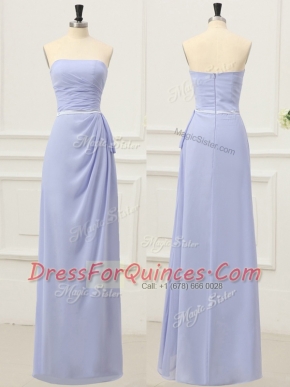 Lavender Empire Strapless Sleeveless Chiffon Floor Length Zipper Ruching and Belt Prom Dresses