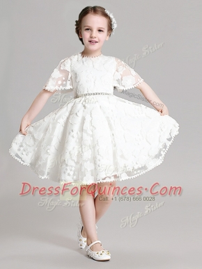 Low Price Organza Short Sleeves Mini Length Toddler Flower Girl Dress and Beading and Appliques