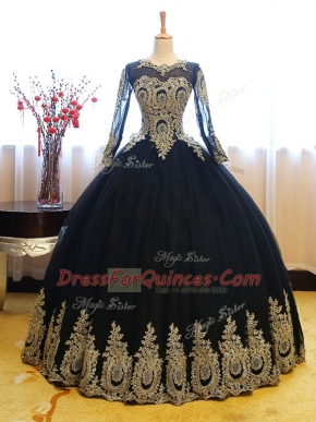 Custom Made Navy Blue Long Sleeves Appliques Floor Length Quince Ball Gowns