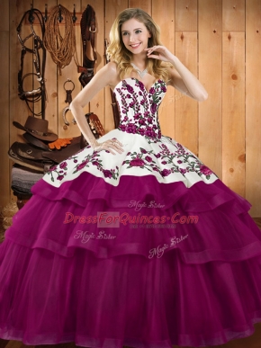 Sophisticated Sleeveless Organza Floor Length Lace Up 15th Birthday Dress in Fuchsia with Embroidery
