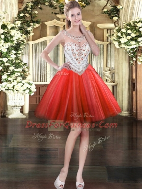 Low Price Red Tulle Zipper Dress for Prom Sleeveless Mini Length Beading