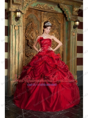 Red Ball Gown Strapless Floor-length Taffeta Hand Made Flowers Quinceanera Dress