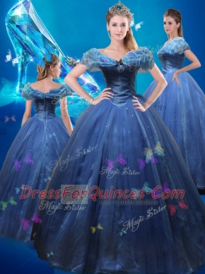 Comfortable Cinderella Navy Blue Ball Gown Prom Dress Sweet 16 and Quinceanera and For with Beading and Bowknot Off The Shoulder Sleeveless Lace Up