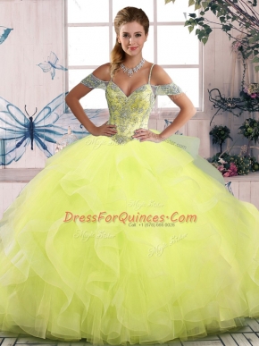 Most Popular Floor Length Side Zipper Sweet 16 Dress Yellow Green for Sweet 16 and Quinceanera with Beading and Ruffles
