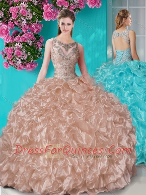 Beautiful Beaded and Ruffled 15th Birthday Dresses  with See Through Scoop